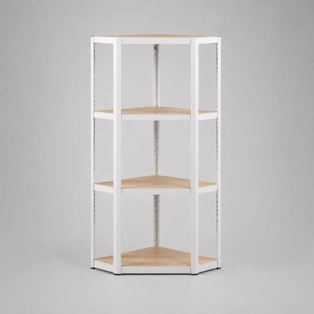 Scaffale angolare da terra a 4 ripiani in acciaio e pannello truciolare, bianco e rovere chiaro, 60 × 60 × 150 cm