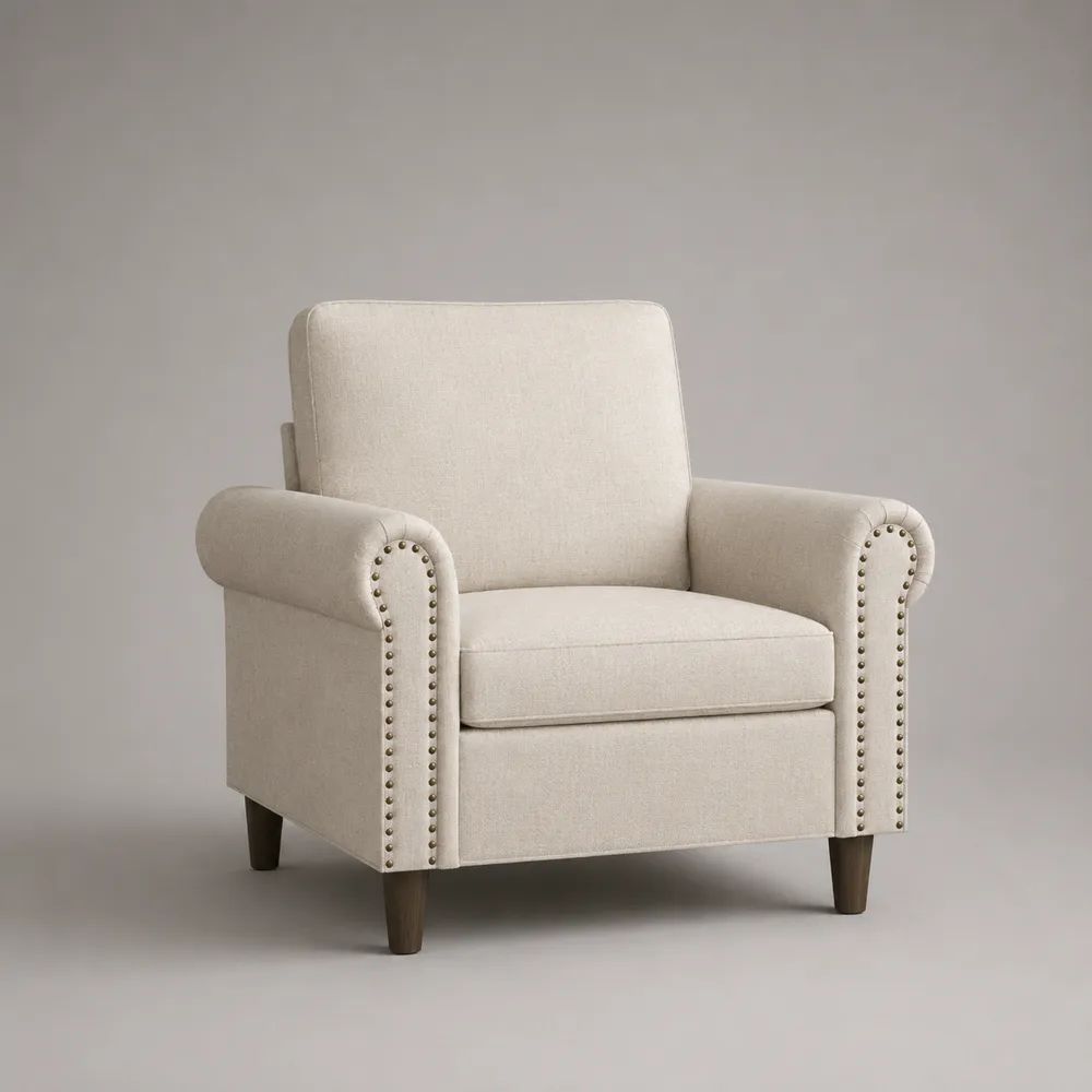 Poltrona imbottita monoposto in poliestere effetto lino beige con braccioli arrotondati, 89 x 85 x 92 cm