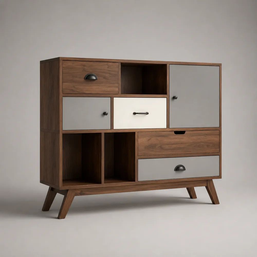 Credenza buffet rettangolare in MDF impiallacciato noce con 2 ante, 4 cassetti e 3 vani, marrone noce, grigio e bianco, 120 × 40 × 110 cm