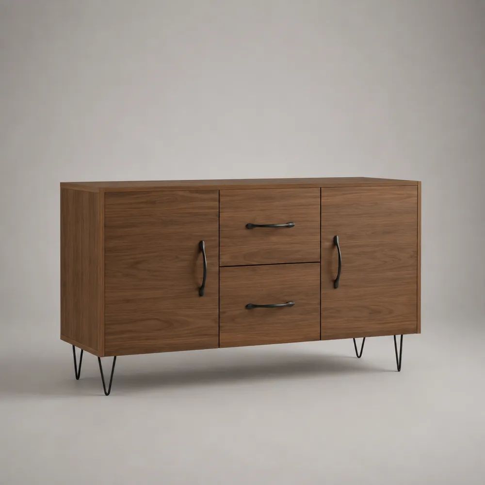 Credenza rettangolare in legno effetto noce con 2 ante, 2 cassetti e gambe in metallo nero, 120 × 40 × 75 cm
