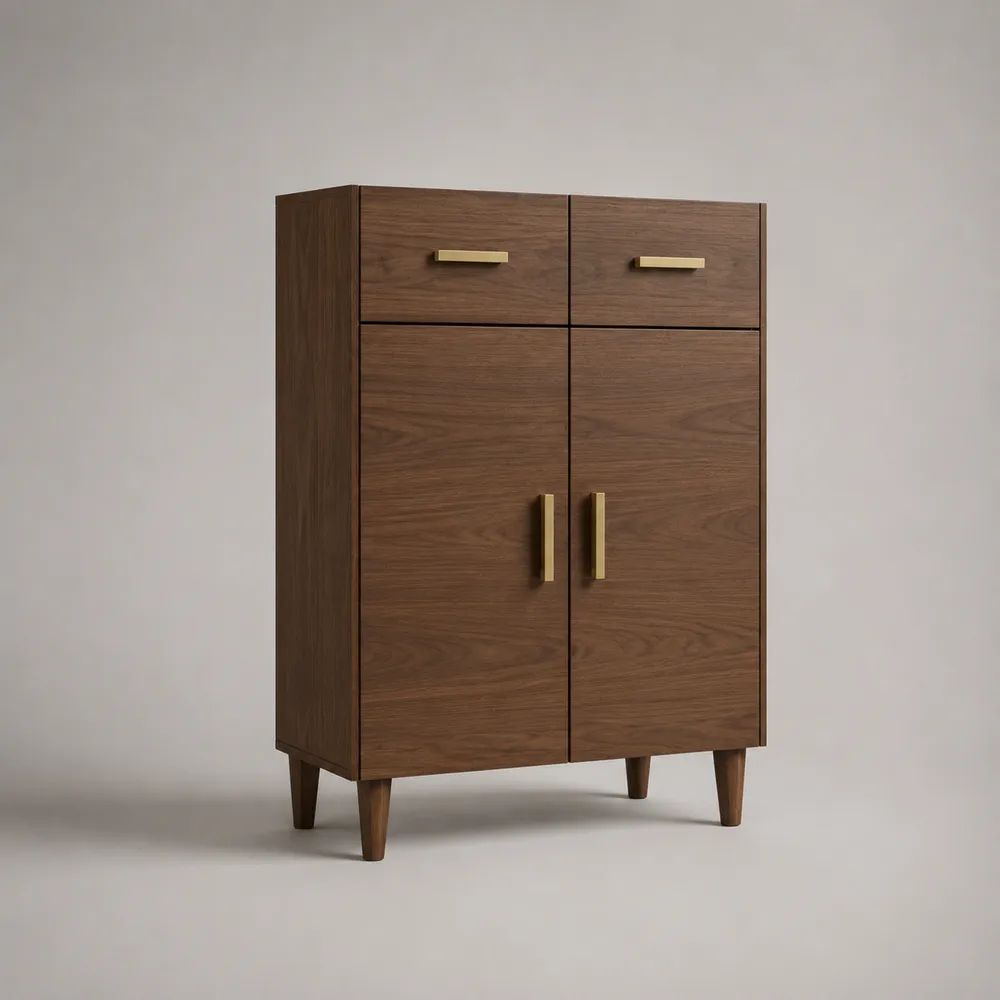 Credenza alta rettangolare in MDF effetto noce con 2 ante e 2 cassetti, marrone noce e oro, 80 × 40 × 120 cm