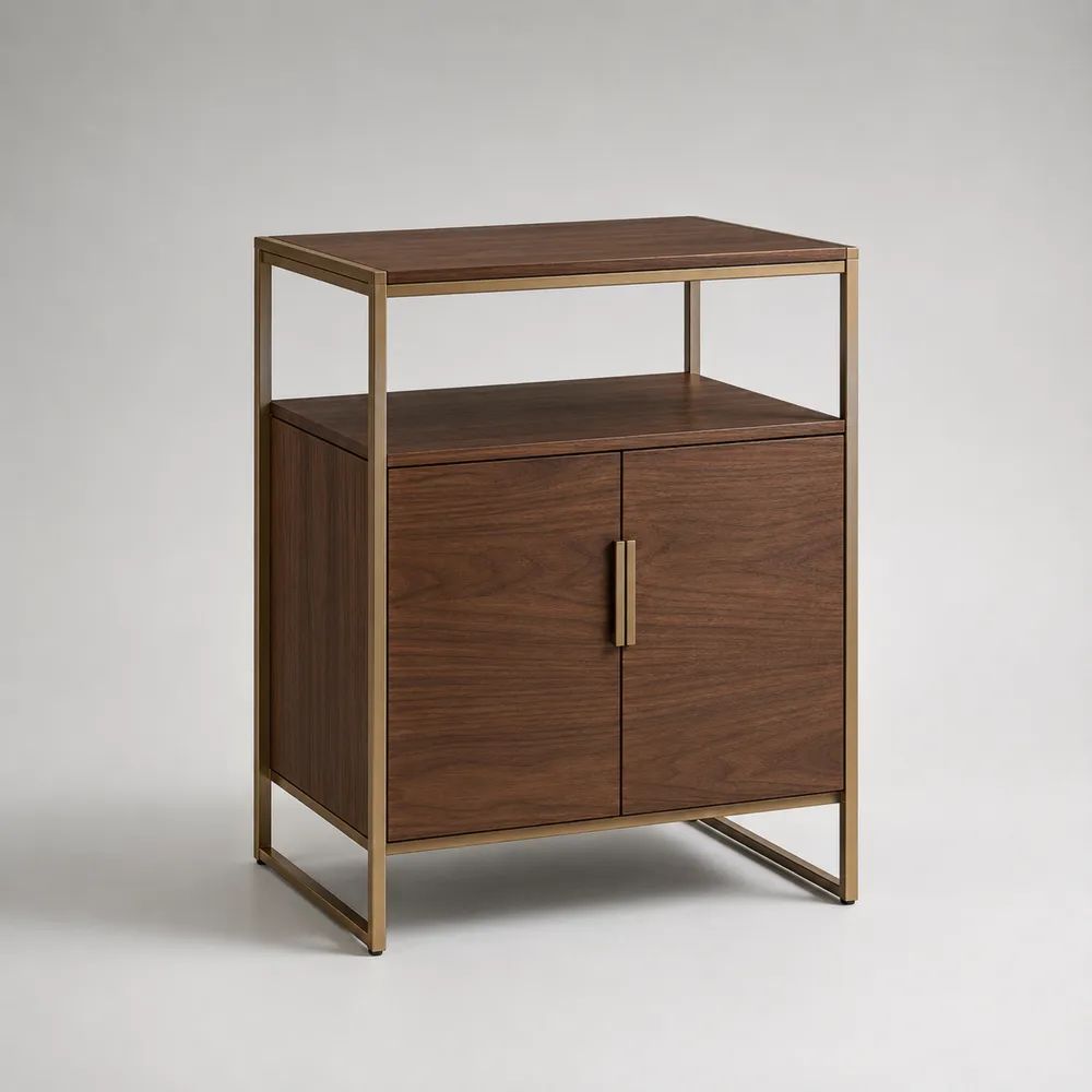 Credenza rettangolare a 2 ante in MDF impiallacciato noce con telaio in acciaio color ottone, 80 × 40 × 100 cm
