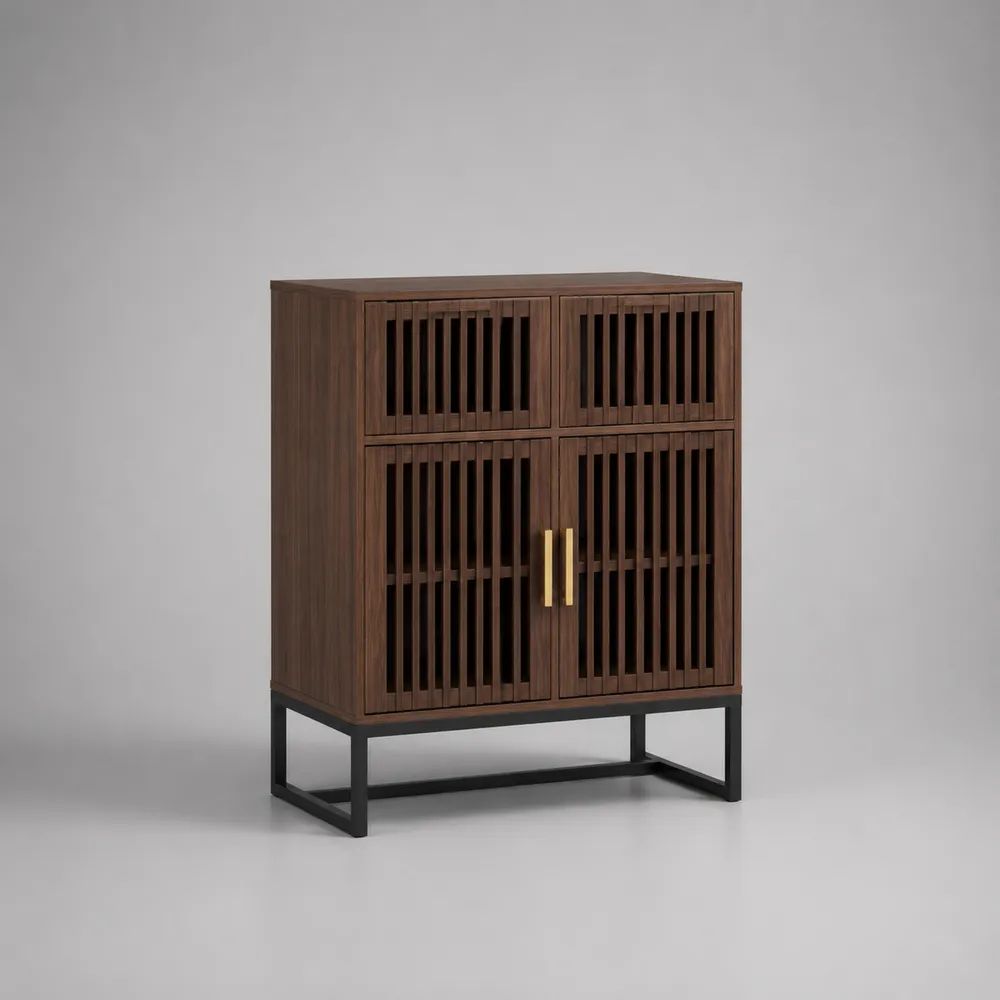 Madia credenza a 4 ante in MDF effetto noce e acciaio, marrone noce, nero e oro, 90 × 40 × 110 cm