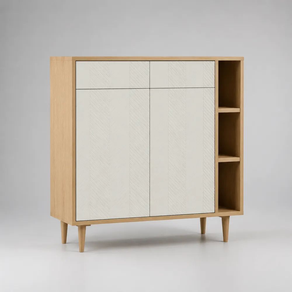 Credenza in MDF impiallacciato rovere con 2 ante, 2 cassetti e 3 vani aperti, bianco e rovere naturale, 120 x 40 x 110 cm