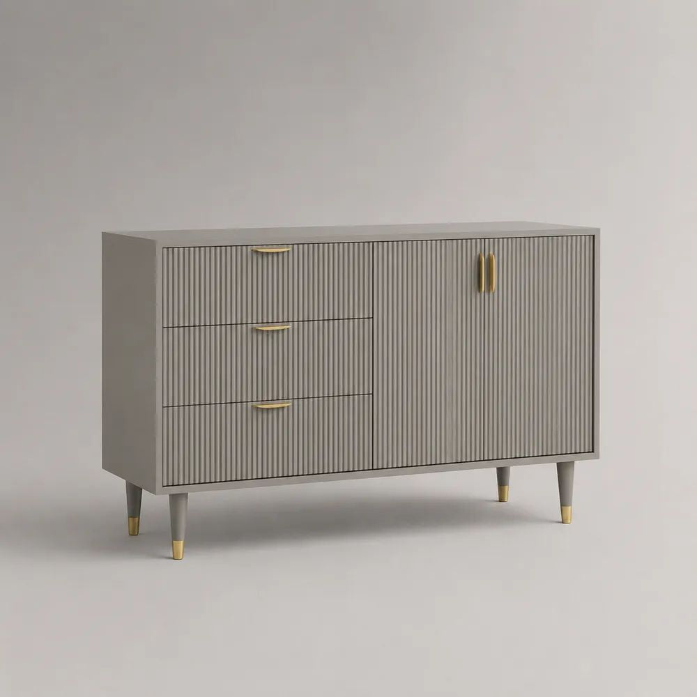 Credenza buffet rettangolare in MDF grigio e oro con 3 cassetti e 2 ante, 120 x 40 x 80 cm