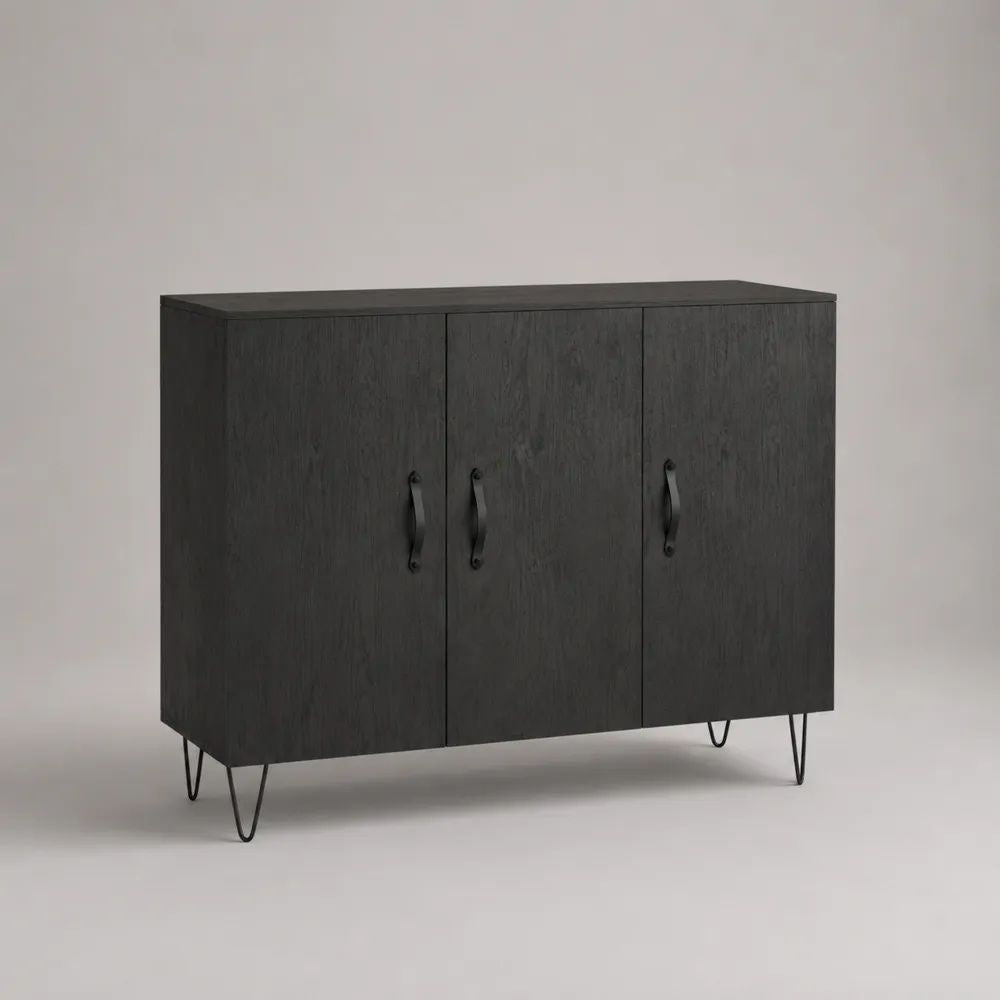 Credenza buffet rettangolare a 3 ante in legno e metallo nero, 120 × 40 × 90 cm