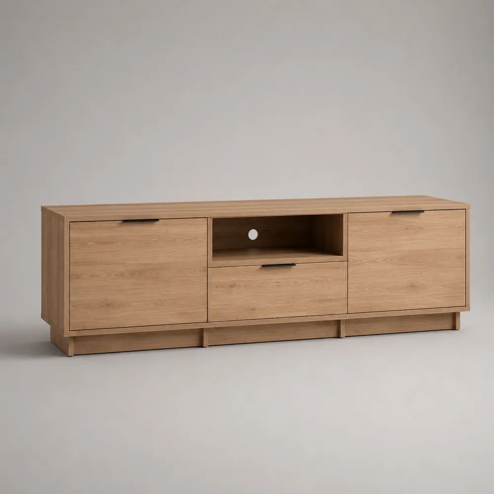 Mobile TV basso rettangolare in pannelli truciolari effetto rovere naturale e nero, 180 x 40 x 70 cm, con 2 ante, cassetto, vano aperto e passacavi