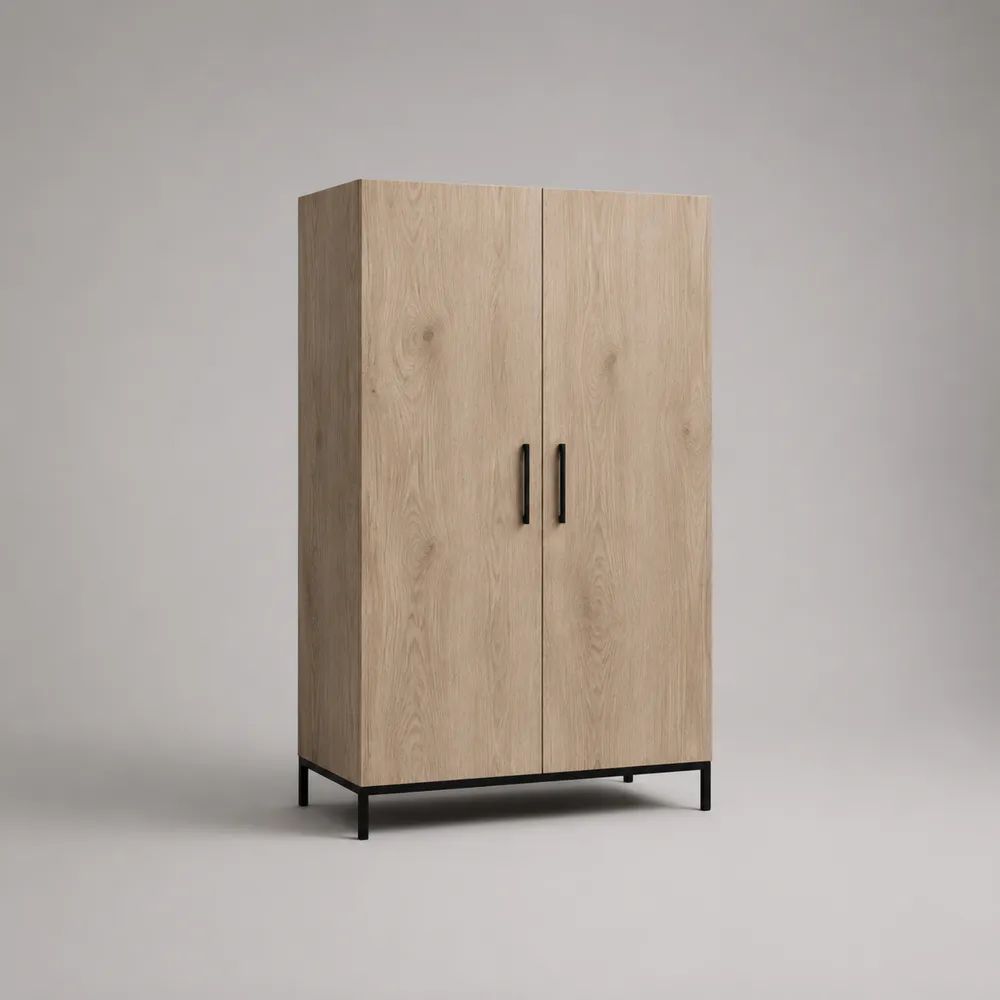 Credenza alta a 2 ante in pannello truciolare melaminico e acciaio, rovere naturale e nero, 100 × 40 × 180 cm