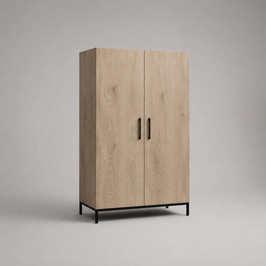 Credenza alta a 2 ante in pannello truciolare melaminico e acciaio, rovere naturale e nero, 100 × 40 × 180 cm