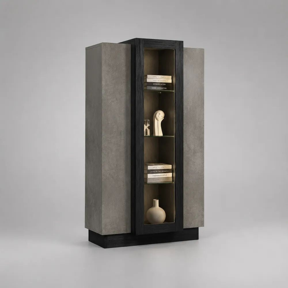 Vetrina rettangolare a 3 ante in legno e vetro, grigio cemento e nero, 100 x 40 x 180 cm