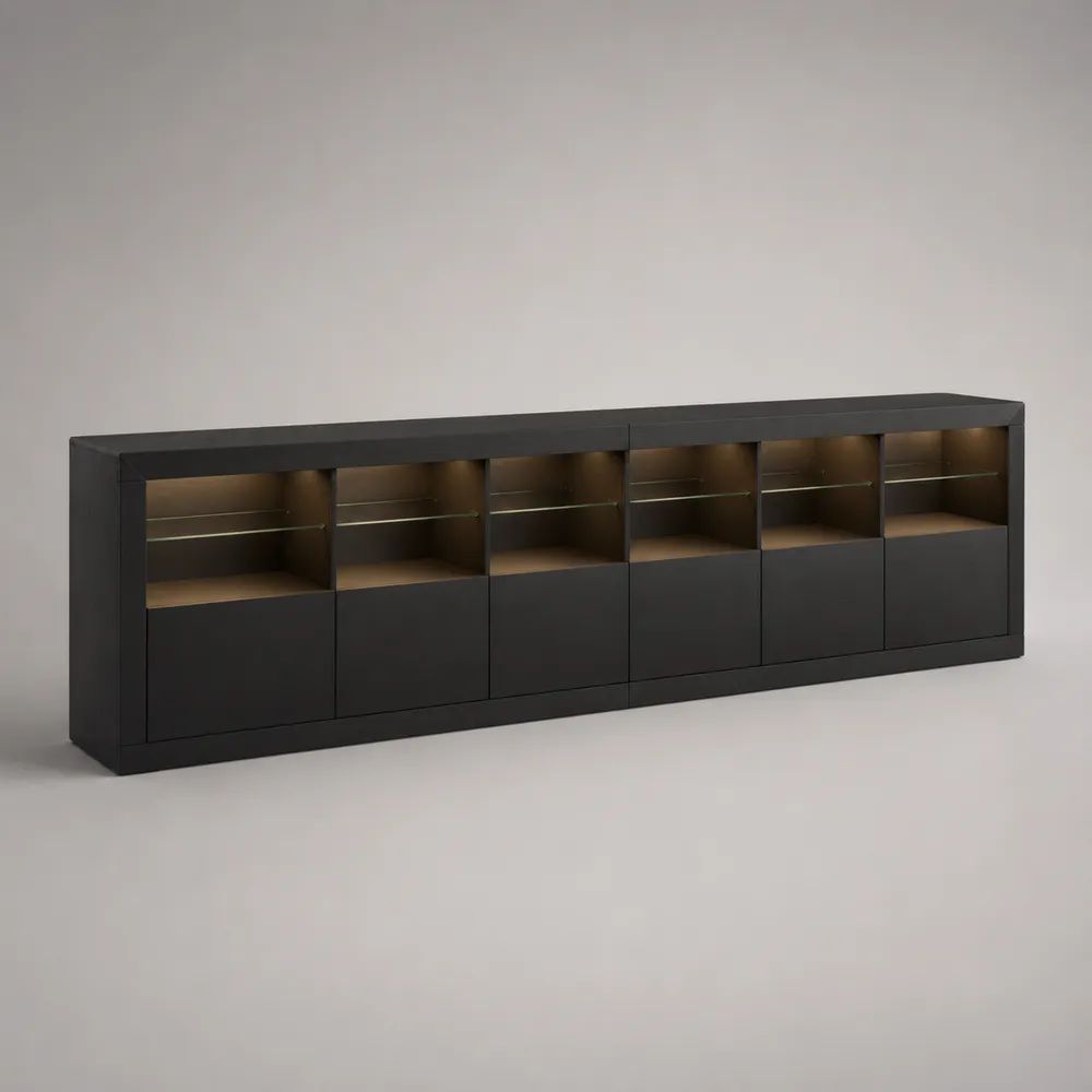 Credenza bassa a 2 moduli in truciolare melaminico con 6 ante, ripiani in vetro e illuminazione LED, nero, 360 × 40 × 85 cm