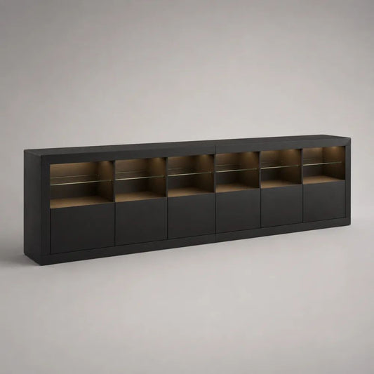 Credenza bassa a 2 moduli in truciolare melaminico con 6 ante, ripiani in vetro e illuminazione LED, nero, 360 × 40 × 85 cm