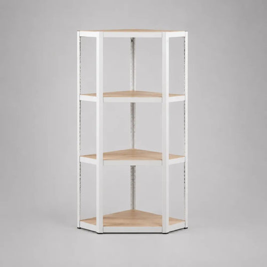 Scaffale angolare da terra a 4 ripiani in acciaio e pannello truciolare, bianco e rovere chiaro, 60 × 60 × 150 cm