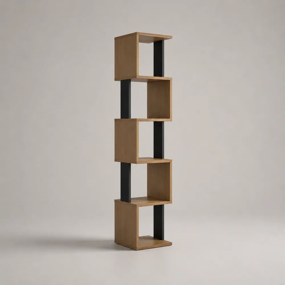 Libreria da terra a 5 vani sfalsati in truciolare melaminico e acciaio, rovere e nero, 40 x 30 x 180 cm