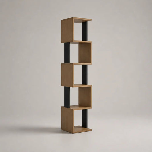 Libreria da terra a 5 vani sfalsati in truciolare melaminico e acciaio, rovere e nero, 40 x 30 x 180 cm