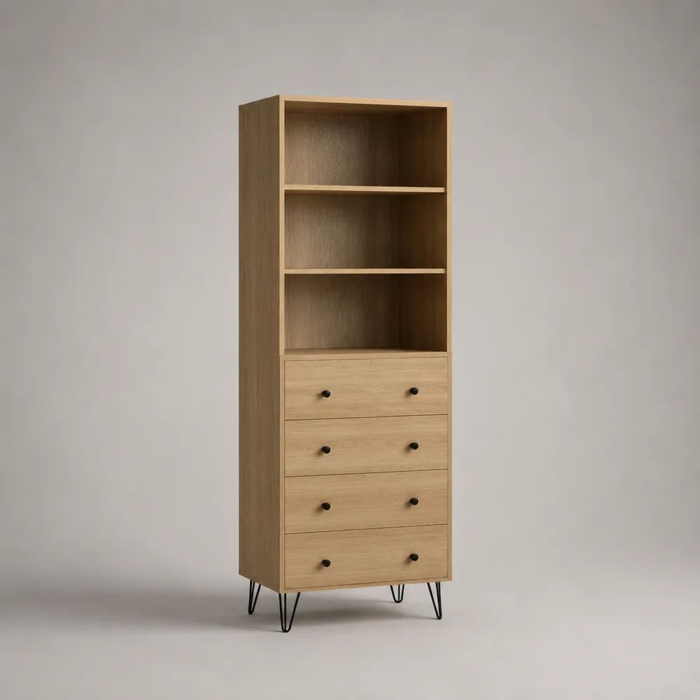 Mobile contenitore alto in pannello melaminico effetto rovere naturale con 4 cassetti, 3 vani aperti e gambe in acciaio nero, 60 x 40 x 180 cm