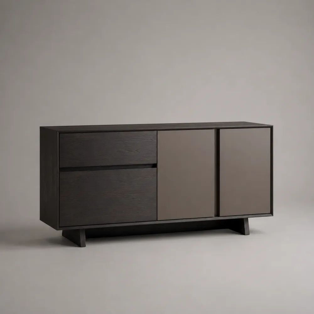 Credenza buffet rettangolare in legno marrone scuro e tortora con 2 ante e 2 cassetti, 140 x 40 x 80 cm