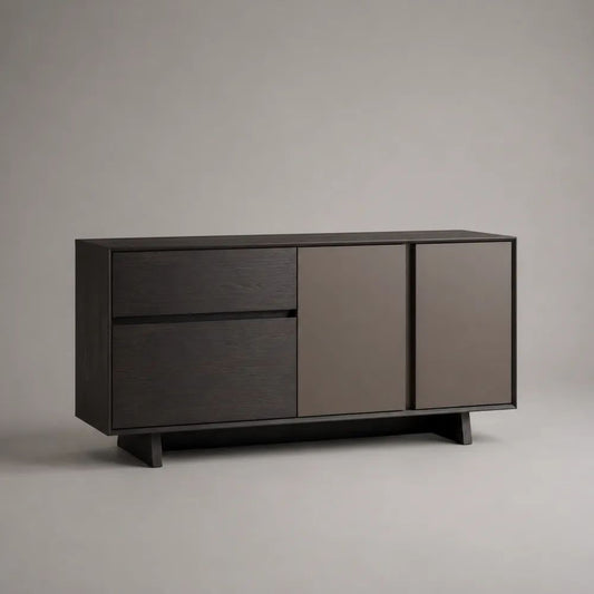 Credenza buffet rettangolare in legno marrone scuro e tortora con 2 ante e 2 cassetti, 140 x 40 x 80 cm