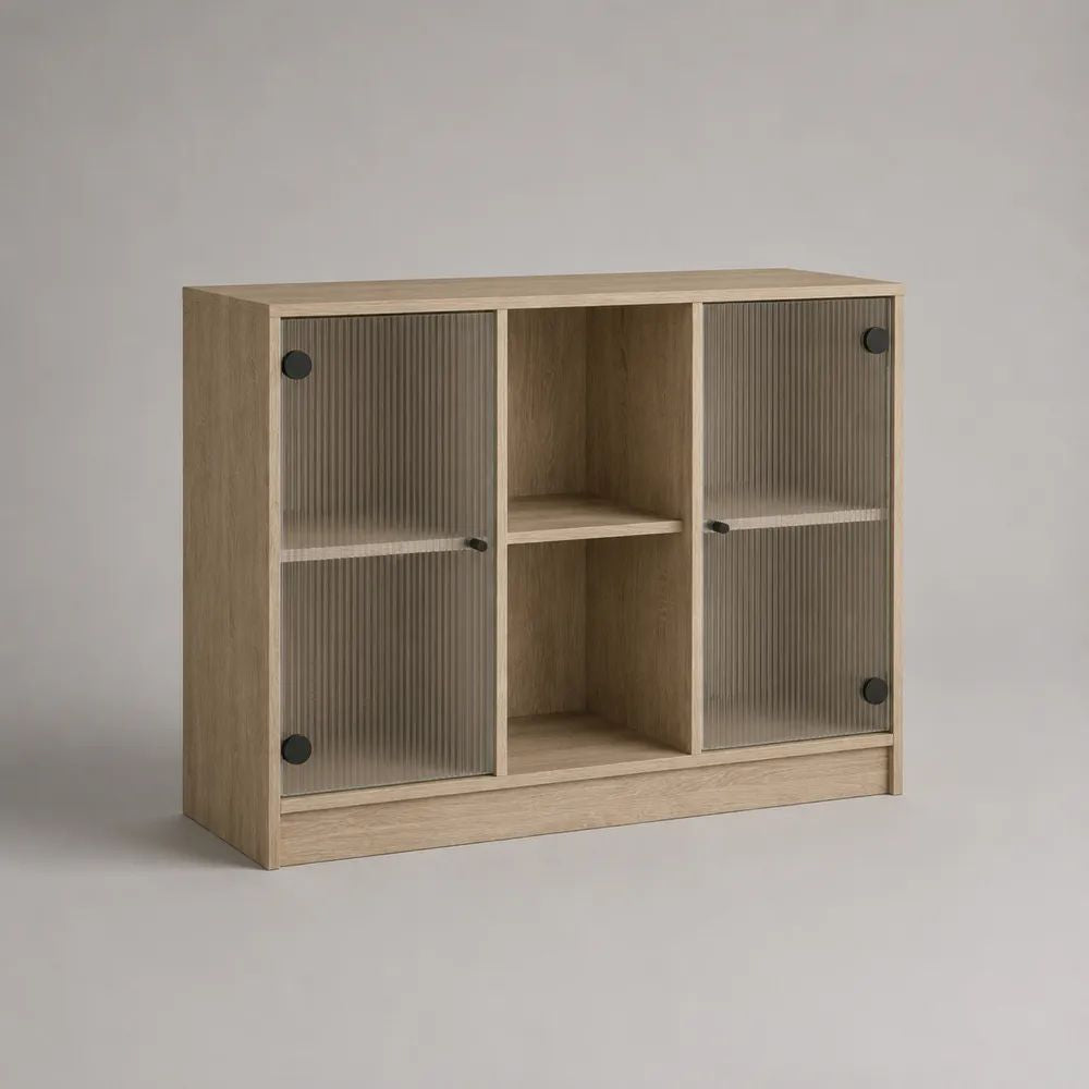 Credenza in legno con 2 ante in vetro scanalato, rovere chiaro e grigio fumé, 120 × 40 × 90 cm