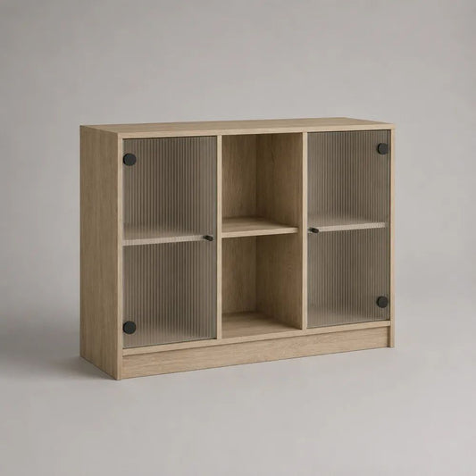 Credenza in legno con 2 ante in vetro scanalato, rovere chiaro e grigio fumé, 120 × 40 × 90 cm