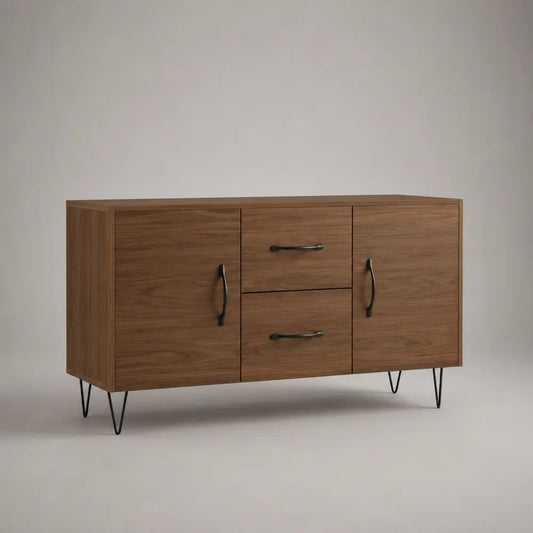 Credenza rettangolare in legno effetto noce con 2 ante, 2 cassetti e gambe in metallo nero, 120 × 40 × 75 cm