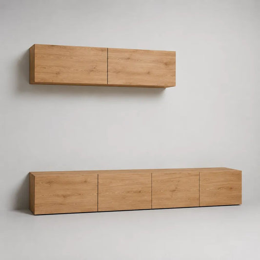Set mobile TV rettangolare in truciolare melaminico effetto rovere naturale con pensile, mobile basso 240 × 40 × 45 cm e pensile 150 × 35 × 40 cm