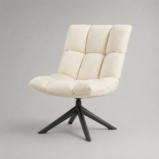 Poltrona girevole in tessuto bouclé crema con base in acciaio nero, 73 × 75 × 87 cm