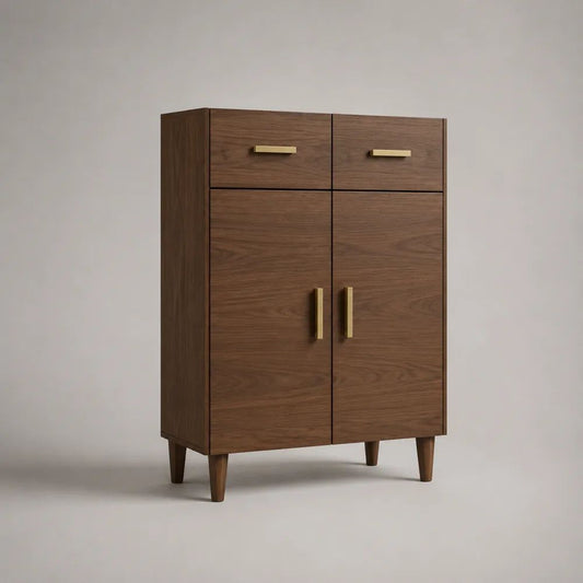 Credenza alta rettangolare in MDF effetto noce con 2 ante e 2 cassetti, marrone noce e oro, 80 × 40 × 120 cm