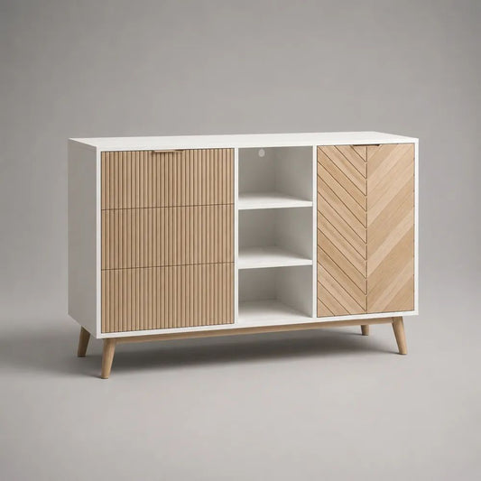 Credenza rettangolare in MDF impiallacciato rovere con 3 cassetti, 1 anta e 3 vani aperti, bianco e rovere naturale, 120 x 40 x 80 cm