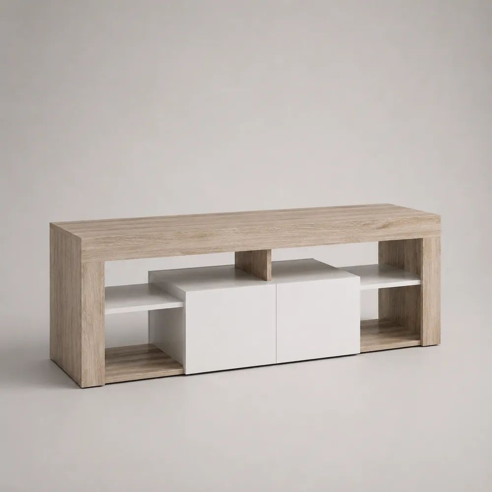 Mobile TV basso in legno con 2 ante e vani aperti, rovere chiaro e bianco, 150 × 40 × 60 cm