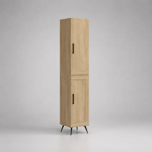 Mobile dispensa alto rettangolare in legno e metallo con 2 ante e 1 cassetto, Rovere naturale/Nero, 40 x 35 x 180 cm