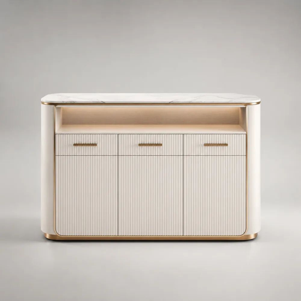 Credenza contenitore in MDF con piano effetto marmo, 3 ante, 3 cassetti e vano aperto, bianco e oro, 140 x 40 x 90 cm