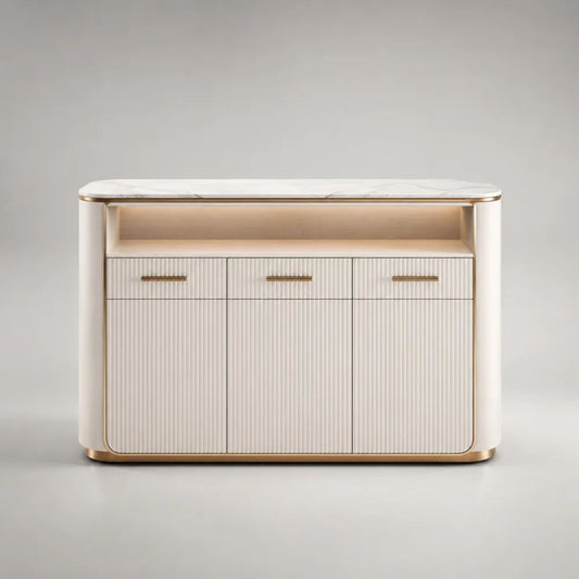 Credenza contenitore in MDF con piano effetto marmo, 3 ante, 3 cassetti e vano aperto, bianco e oro, 140 x 40 x 90 cm