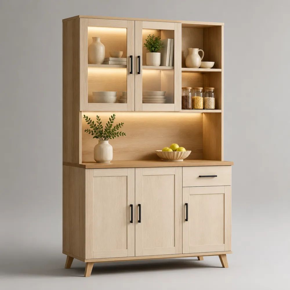 Credenza da cucina con alzata in legno e vetro, rovere chiaro con dettagli neri, 120 x 40 x 190 cm