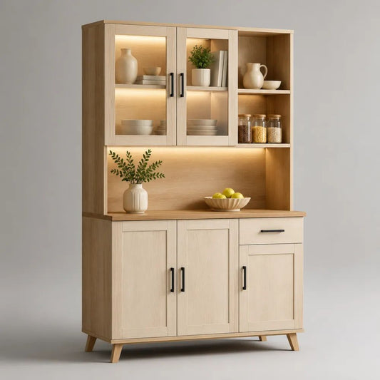 Credenza da cucina con alzata in legno e vetro, rovere chiaro con dettagli neri, 120 x 40 x 190 cm