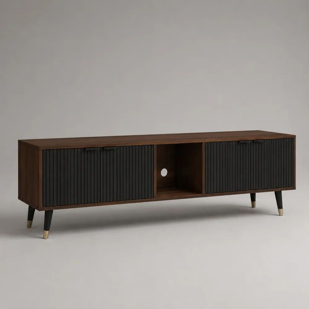 Mobile TV basso rettangolare in MDF impiallacciato noce con 4 ante nere, 180 x 40 x 55 cm