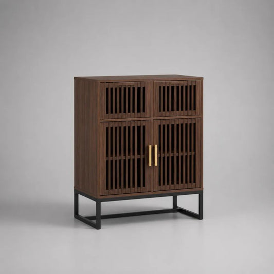 Madia credenza a 4 ante in MDF effetto noce e acciaio, marrone noce, nero e oro, 90 × 40 × 110 cm
