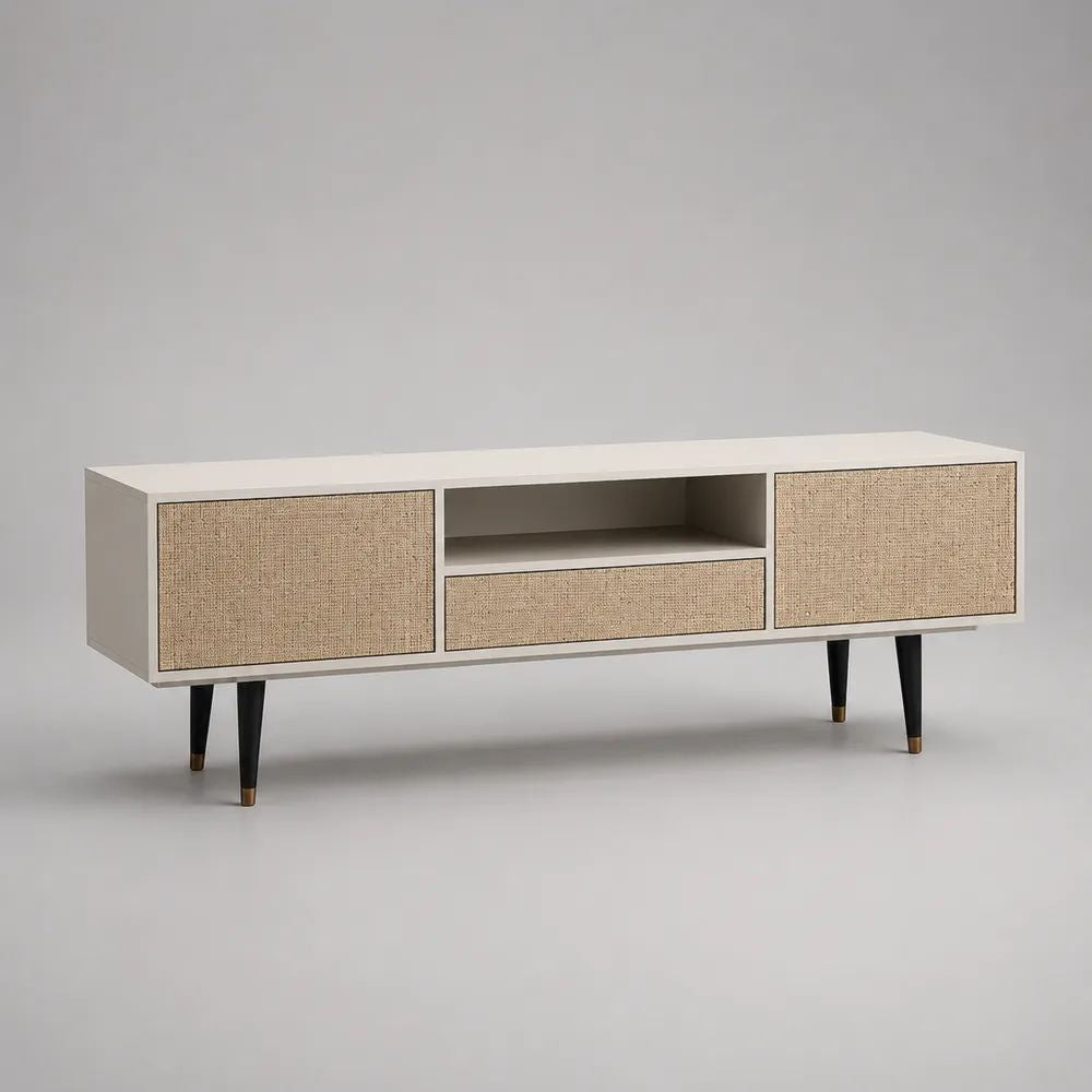 Mobile TV in MDF e rattan con 2 ante, cassetto e vano aperto, bianco e beige, 160 x 40 x 60 cm