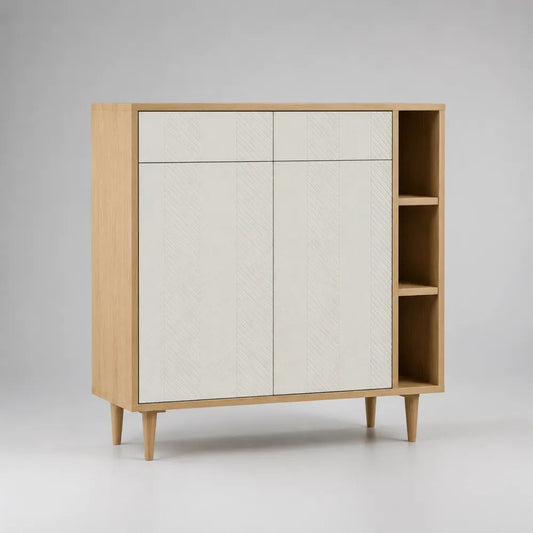 Credenza in MDF impiallacciato rovere con 2 ante, 2 cassetti e 3 vani aperti, bianco e rovere naturale, 120 x 40 x 110 cm