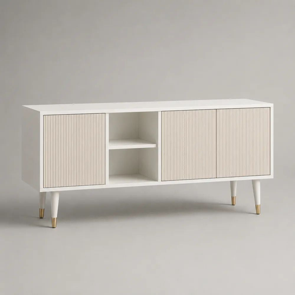 Mobile TV rettangolare in MDF con 3 ante scanalate e vano aperto, bianco crema, beige e oro, 150 x 40 x 75 cm
