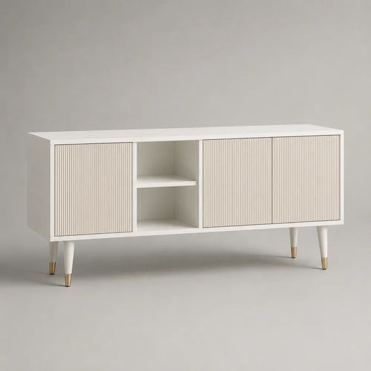 Mobile TV rettangolare in MDF con 3 ante scanalate e vano aperto, bianco crema, beige e oro, 150 x 40 x 75 cm