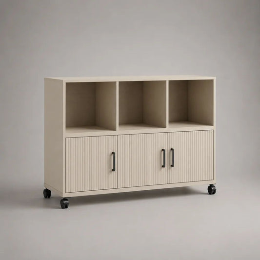 Credenza con ruote in legno beige, 3 vani aperti e 3 ante, 120 x 40 x 85 cm