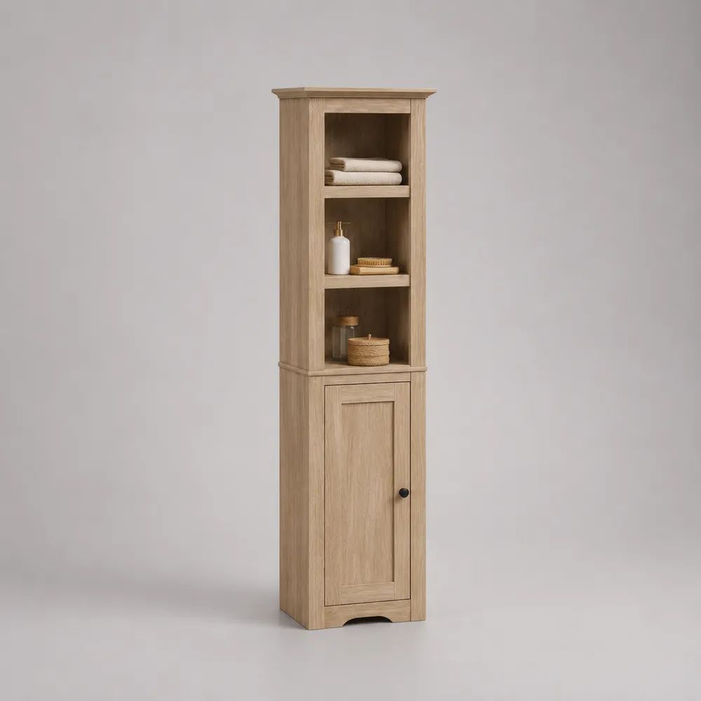 Mobile colonna bagno rettangolare in truciolare melaminico rovere chiaro con 3 vani aperti e 1 anta, 40 x 32 x 170 cm