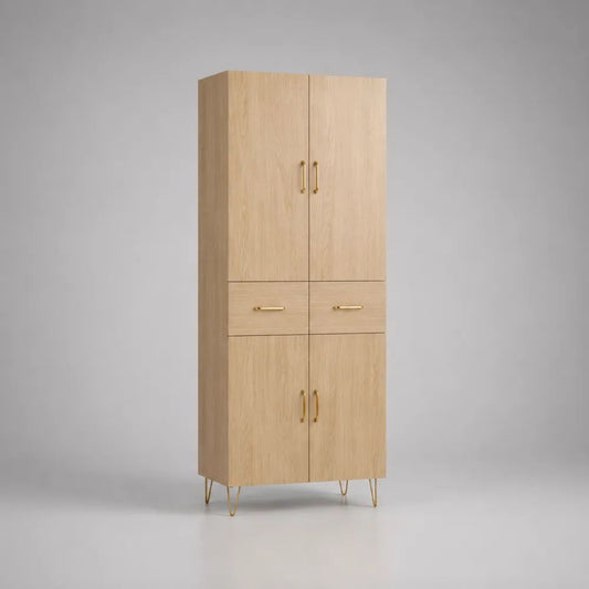 Credenza alta in legno a 4 ante e 2 cassetti, finitura rovere naturale con gambe in metallo color oro, 80 × 40 × 180 cm