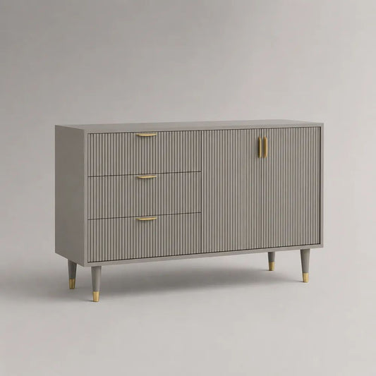 Credenza buffet rettangolare in MDF grigio e oro con 3 cassetti e 2 ante, 120 x 40 x 80 cm