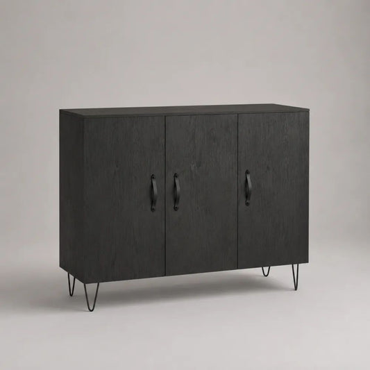 Credenza buffet rettangolare a 3 ante in legno e metallo nero, 120 × 40 × 90 cm