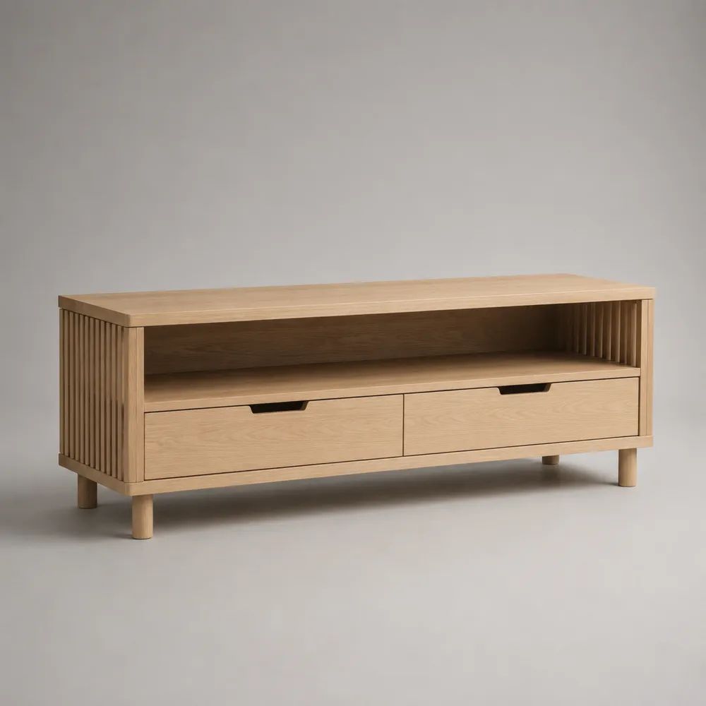 Mobile TV basso in MDF impiallacciato rovere con 2 cassetti e vano aperto, rovere naturale, 120 x 40 x 55 cm