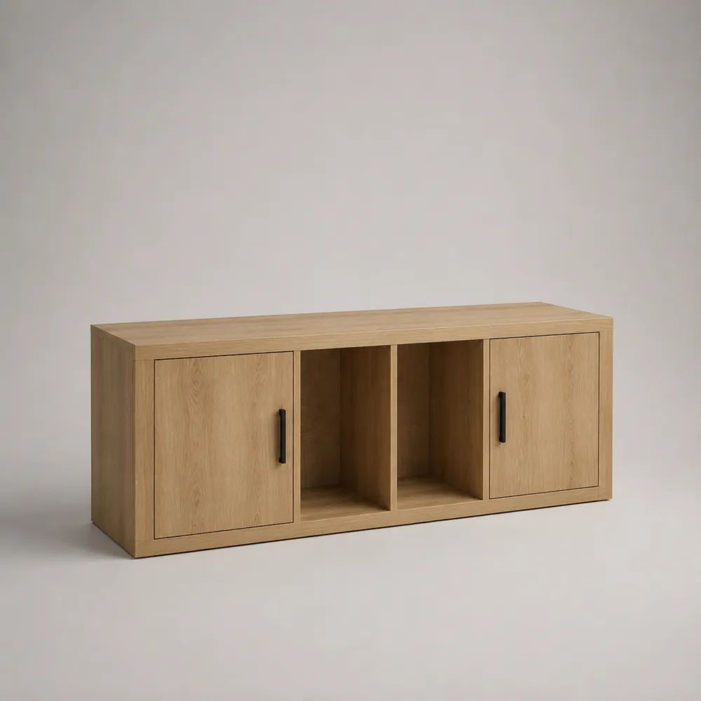 Mobile TV basso rettangolare in legno effetto rovere naturale con 2 ante e 2 vani aperti, 140 x 40 x 60 cm