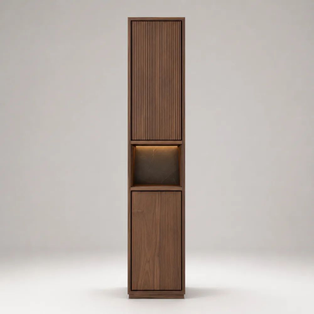 Mobile colonna bagno in MDF impiallacciato noce con 2 ante e nicchia illuminata a LED, marrone noce, 40 x 35 x 180 cm