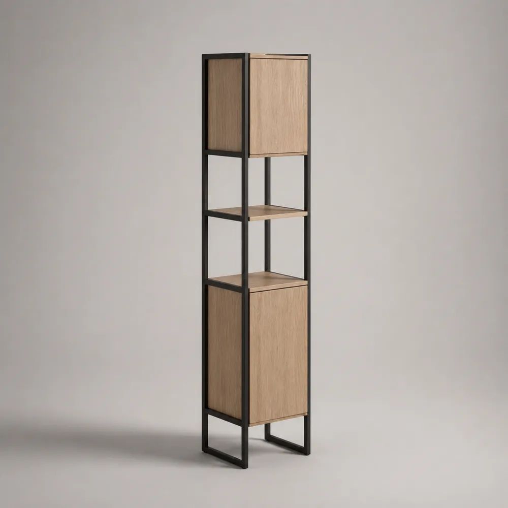 Mobile colonna bagno in legno e acciaio nero con 2 ante e 2 ripiani, 35 x 30 x 170 cm